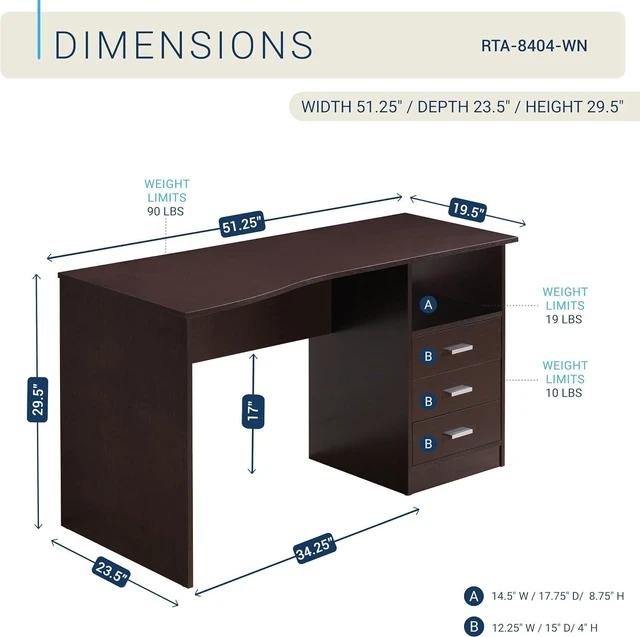 Alt view image 3 of 7 - Techni Mobili 51 Inch Classic Computer Desk w/ Drawers & Storage, Wenge