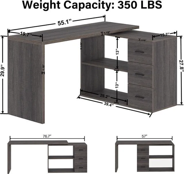 Alt view image 2 of 7 - HSH 55-76 Inch Dark Grey L Shaped Desk,Corner Desk with Storage Drawers