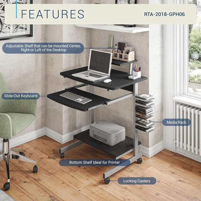 Alt view image 4 of 7 - Techni Mobili Rolling Computer Desk Cart w/ Keyboard Tray & Wheels, Black