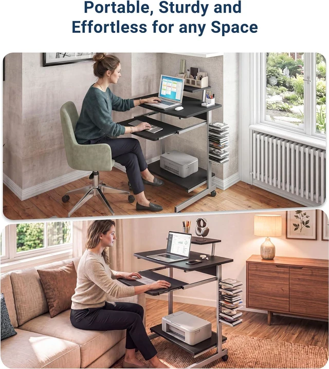 Alt view image 5 of 7 - Techni Mobili Rolling Computer Desk Cart w/ Keyboard Tray & Wheels, Black