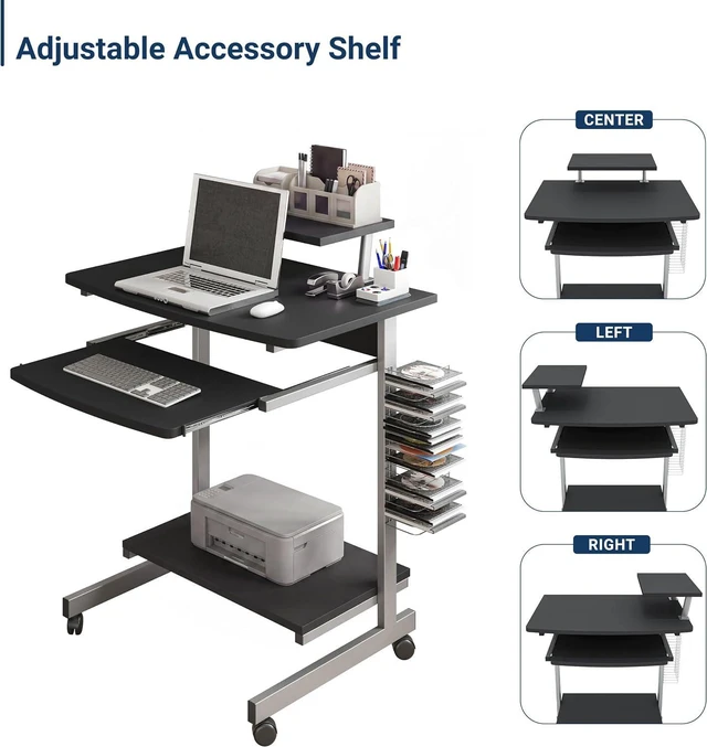 Alt view image 6 of 7 - Techni Mobili Rolling Computer Desk Cart w/ Keyboard Tray & Wheels, Black