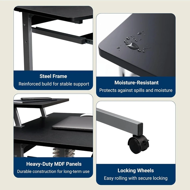 Alt view image 7 of 7 - Techni Mobili Rolling Computer Desk Cart w/ Keyboard Tray & Wheels, Black