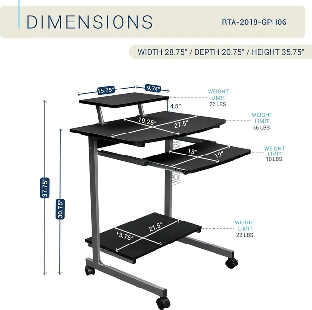 Alt view image 3 of 7 - Techni Mobili Rolling Computer Desk Cart w/ Keyboard Tray & Wheels, Black