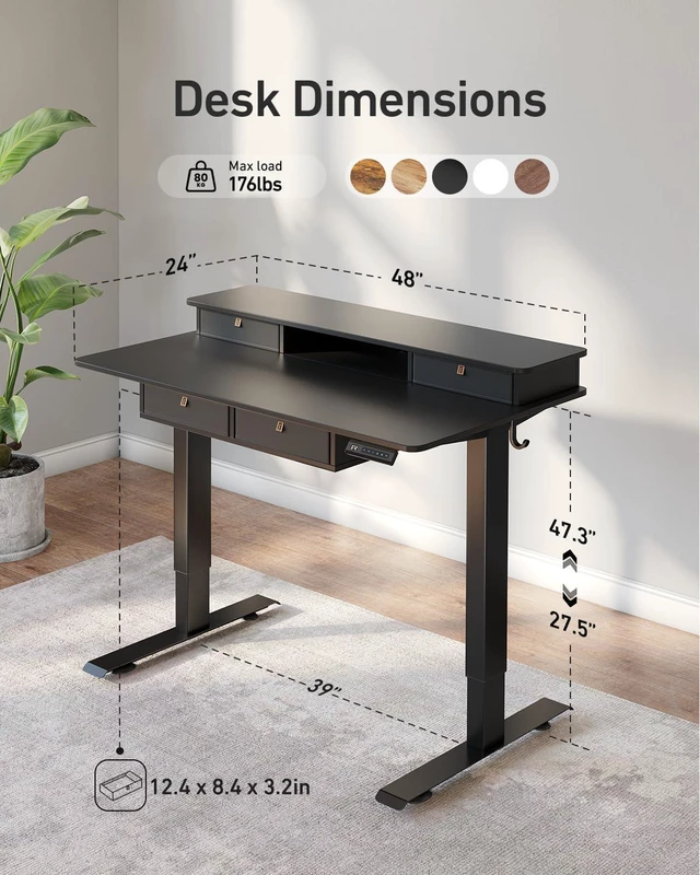 Alt view image 3 of 7 - FEZIBO 48 x 24 inch Standing Electric Desk with Drawers, Black