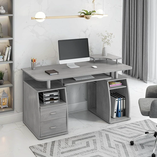 Alt view image 2 of 7 - Techni Mobili 47" Computer Desk w/Drawers, Storage & Printer Shelf, Grey