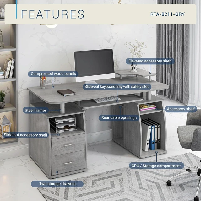 Alt view image 4 of 7 - Techni Mobili 47" Computer Desk w/Drawers, Storage & Printer Shelf, Grey