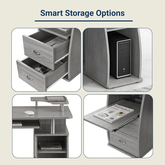 Alt view image 6 of 7 - Techni Mobili 47" Computer Desk w/Drawers, Storage & Printer Shelf, Grey