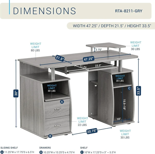 Alt view image 3 of 7 - Techni Mobili 47" Computer Desk w/Drawers, Storage & Printer Shelf, Grey