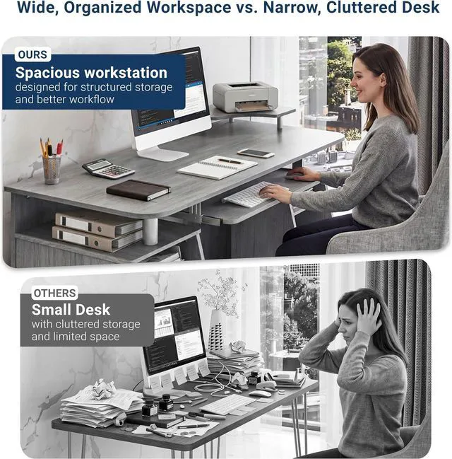 Alt view image 7 of 7 - Techni Mobili 47" Computer Desk w/Drawers, Storage & Printer Shelf, Grey