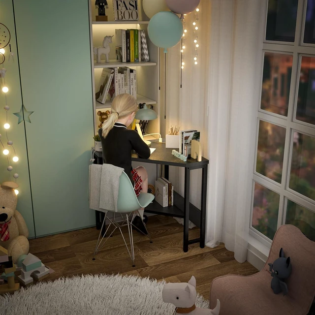Alt view image 7 of 7 - Armocity Corner Desk Small Desk with Outlets Corner Table for Small Space, Computer Desk with USB Ports Triangle Desk with Storage for Home Office, Workstation, Living Room, Bedroom, Black