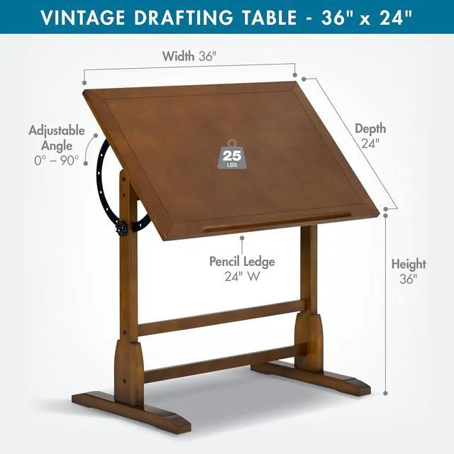 Alt view image 3 of 7 - Studio Designs Vintage Rustic Oak Drafting Table, Top Adjustable Drafting Table Craft Table Drawing Desk Hobby Table Writing Desk Studio Desk, 36''W x 24''D