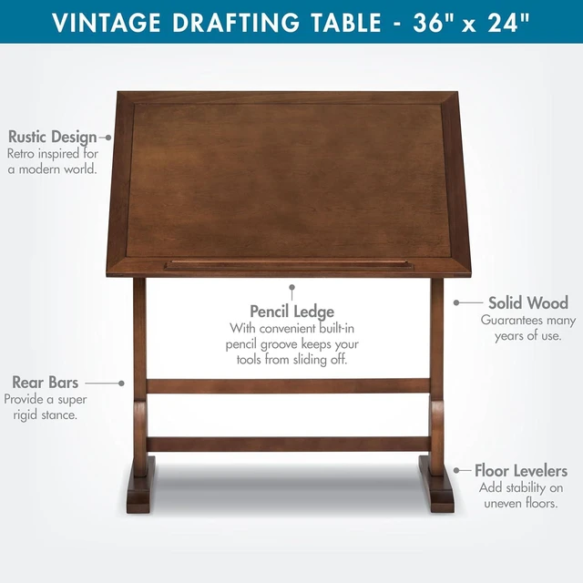 Alt view image 4 of 7 - Studio Designs Vintage Rustic Oak Drafting Table, Top Adjustable Drafting Table Craft Table Drawing Desk Hobby Table Writing Desk Studio Desk, 36''W x 24''D