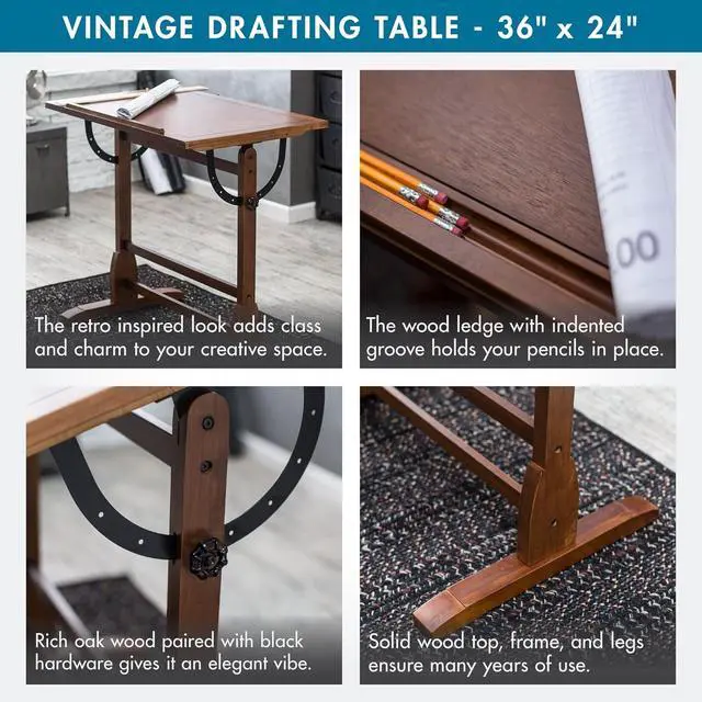 Alt view image 6 of 7 - Studio Designs Vintage Rustic Oak Drafting Table, Top Adjustable Drafting Table Craft Table Drawing Desk Hobby Table Writing Desk Studio Desk, 36''W x 24''D