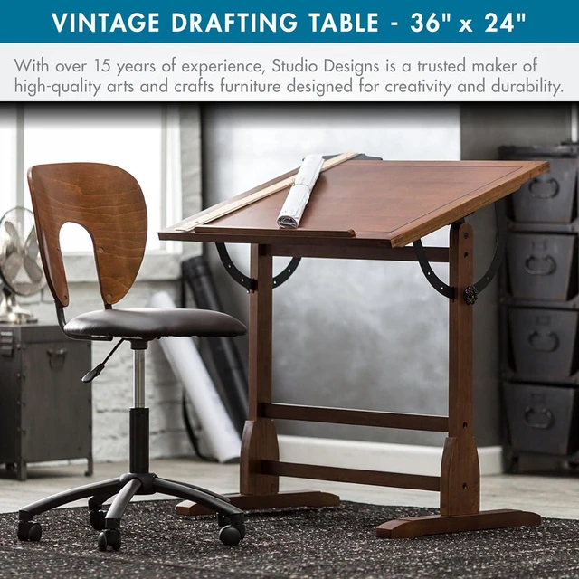 Alt view image 7 of 7 - Studio Designs Vintage Rustic Oak Drafting Table, Top Adjustable Drafting Table Craft Table Drawing Desk Hobby Table Writing Desk Studio Desk, 36''W x 24''D