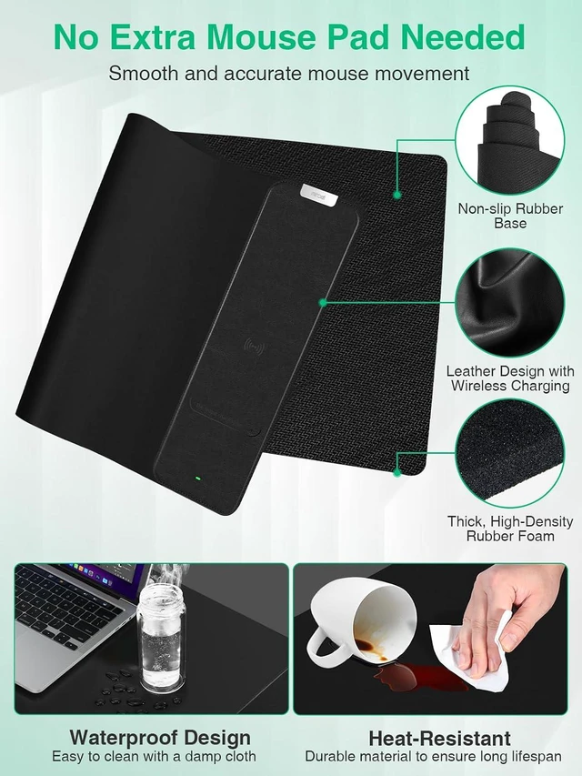 Alt view image 6 of 7 - Mouse Pad with Wireless Charging, Black Mousepad Long Desk Mat, Large Gaming Mouse Pad, Soft Mouse Pad Gaming Desk Pad with Non-Slip Rubber Base, Extended Computer Keyboard Mat Office Mice Pad