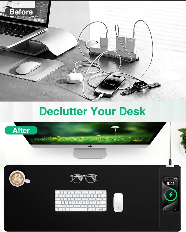 Alt view image 7 of 7 - Mouse Pad with Wireless Charging, Black Mousepad Long Desk Mat, Large Gaming Mouse Pad, Soft Mouse Pad Gaming Desk Pad with Non-Slip Rubber Base, Extended Computer Keyboard Mat Office Mice Pad