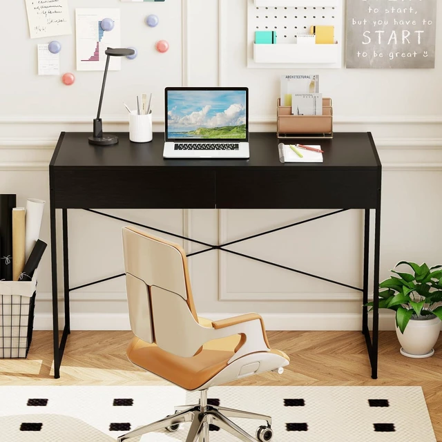 Alt view image 2 of 7 - GOFLAME 44 Inch Computer Desk with 2 Drawers, Home Office Desk with Metal Frame, Small Study Writing Workstation with Storage, PC Laptop Table for Living Room, Bedroom, Study, Black