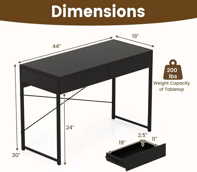 Alt view image 3 of 7 - GOFLAME 44 Inch Computer Desk with 2 Drawers, Home Office Desk with Metal Frame, Small Study Writing Workstation with Storage, PC Laptop Table for Living Room, Bedroom, Study, Black