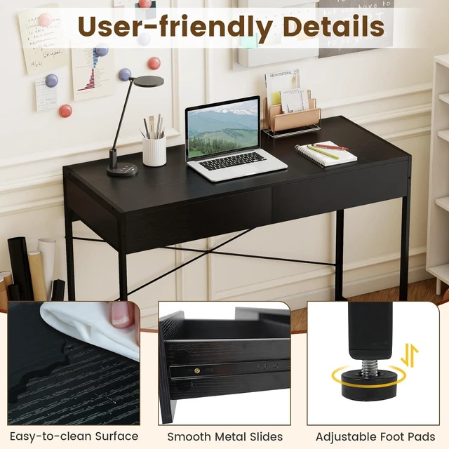 Alt view image 4 of 7 - GOFLAME 44 Inch Computer Desk with 2 Drawers, Home Office Desk with Metal Frame, Small Study Writing Workstation with Storage, PC Laptop Table for Living Room, Bedroom, Study, Black