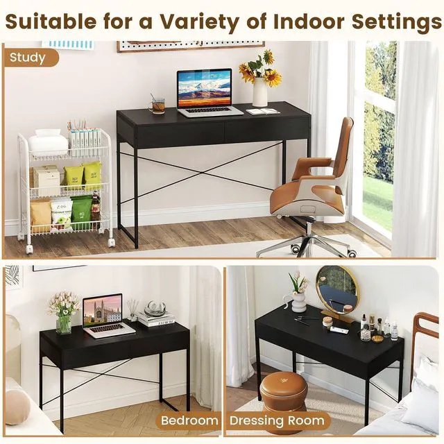 Alt view image 7 of 7 - GOFLAME 44 Inch Computer Desk with 2 Drawers, Home Office Desk with Metal Frame, Small Study Writing Workstation with Storage, PC Laptop Table for Living Room, Bedroom, Study, Black