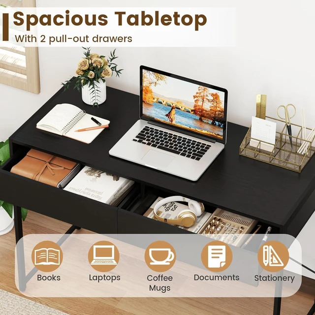Alt view image 6 of 7 - GOFLAME 44 Inch Computer Desk with 2 Drawers, Home Office Desk with Metal Frame, Small Study Writing Workstation with Storage, PC Laptop Table for Living Room, Bedroom, Study, Black