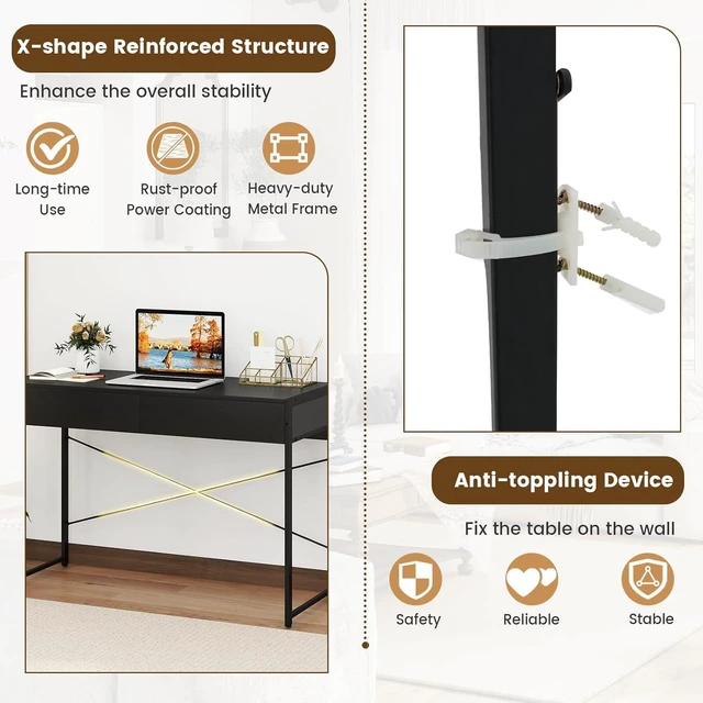 Alt view image 5 of 7 - GOFLAME 44 Inch Computer Desk with 2 Drawers, Home Office Desk with Metal Frame, Small Study Writing Workstation with Storage, PC Laptop Table for Living Room, Bedroom, Study, Black
