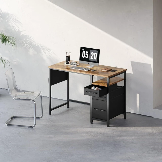 Alt view image 2 of 7 - Maihail Small Desk with Drawers, Office Desk with Storage Shelves, Brown