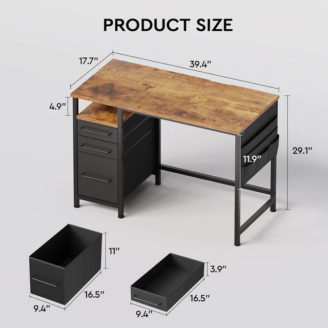 Alt view image 6 of 7 - Maihail Small Desk with Drawers, Office Desk with Storage Shelves, Brown
