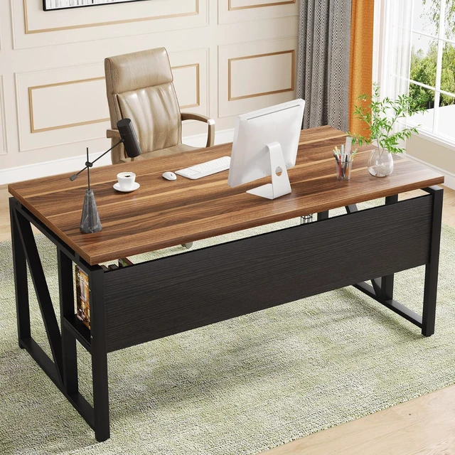 Main image of Tribesigns 55 inches Computer Desk with Bottom Storage Shelf Home Office Desk Writing Table for Workstation, Dark Walnut + Steel Leg, Cabinet not Included (Walnut, 55-inch -with Shelf)