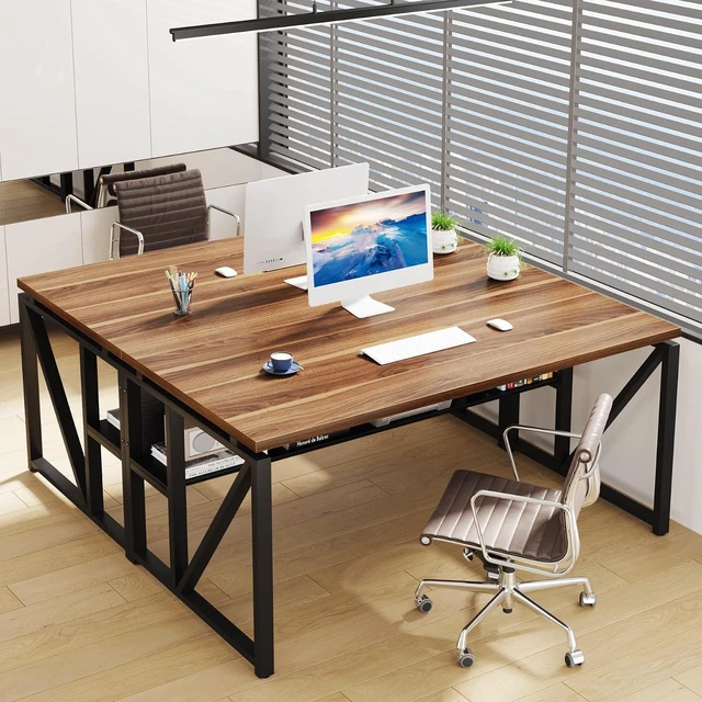 Alt view image 3 of 7 - Tribesigns 55 inches Computer Desk with Bottom Storage Shelf Home Office Desk Writing Table for Workstation, Dark Walnut + Steel Leg, Cabinet not Included (Walnut, 55-inch -with Shelf)