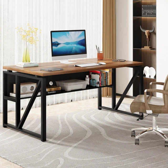 Alt view image 6 of 7 - Tribesigns 55 inches Computer Desk with Bottom Storage Shelf Home Office Desk Writing Table for Workstation, Dark Walnut + Steel Leg, Cabinet not Included (Walnut, 55-inch -with Shelf)