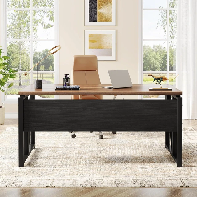 Alt view image 7 of 7 - Tribesigns 55 inches Computer Desk with Bottom Storage Shelf Home Office Desk Writing Table for Workstation, Dark Walnut + Steel Leg, Cabinet not Included (Walnut, 55-inch -with Shelf)