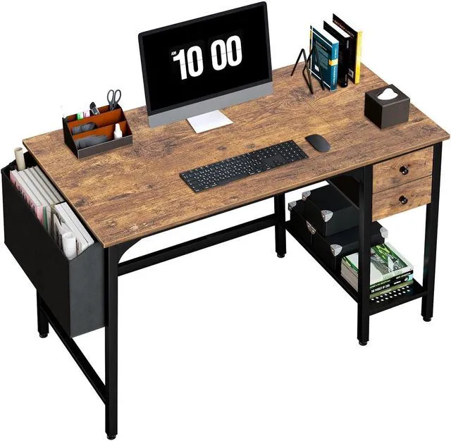 Main image of Lufeiya Computer Desk with Drawers - 40 Inch Work Reversible Small Desk for Bedroom Home Office, Simple Study Writing Table PC Desks with Drawer Storage Shelves, Rustic Brown