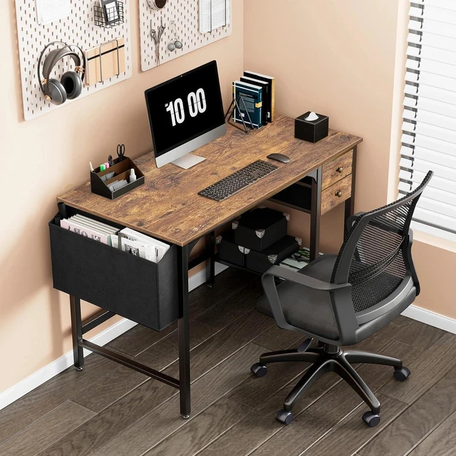 Alt view image 2 of 7 - Lufeiya Computer Desk with Drawers - 40 Inch Work Reversible Small Desk for Bedroom Home Office, Simple Study Writing Table PC Desks with Drawer Storage Shelves, Rustic Brown