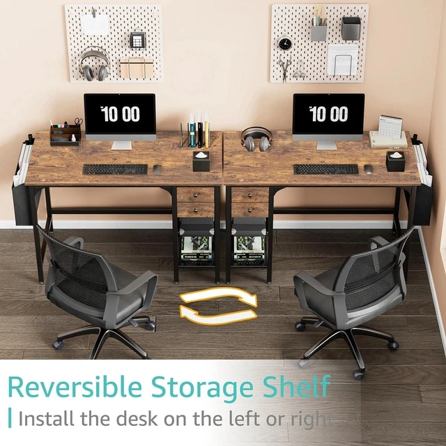Alt view image 4 of 7 - Lufeiya Computer Desk with Drawers - 40 Inch Work Reversible Small Desk for Bedroom Home Office, Simple Study Writing Table PC Desks with Drawer Storage Shelves, Rustic Brown