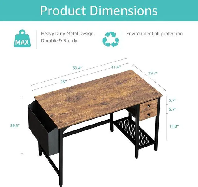 Alt view image 3 of 7 - Lufeiya Computer Desk with Drawers - 40 Inch Work Reversible Small Desk for Bedroom Home Office, Simple Study Writing Table PC Desks with Drawer Storage Shelves, Rustic Brown