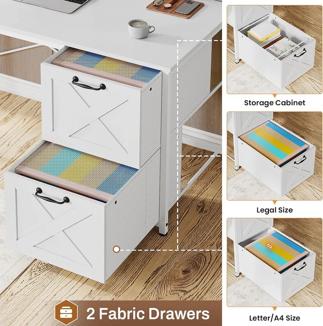 Alt view image 6 of 7 - SEDETA Farmhouse White L Shaped Office Desk with Drawers, Storage Shelves