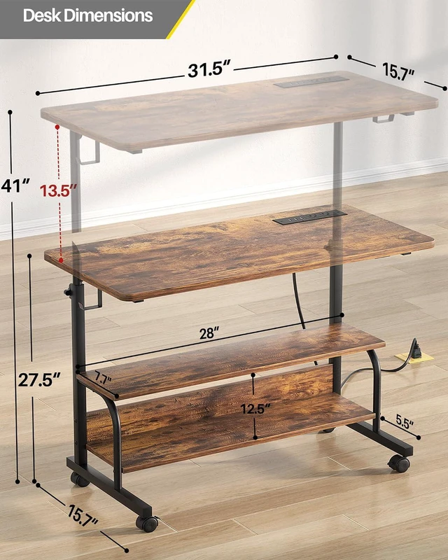 Alt view image 3 of 7 - Armocity 32" Rolling Standing Desk with Charging Station for Couch Bed