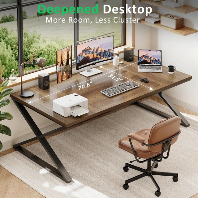 Alt view image 6 of 7 - IBF 70 Inch Large Computer Desk, Long Wood Home Office Work Desk Rustic Oak