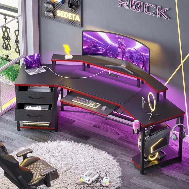 Main image of SEDETA 79" Gaming Desk with Fabric Drawers Storage, LED Light & Power Strip