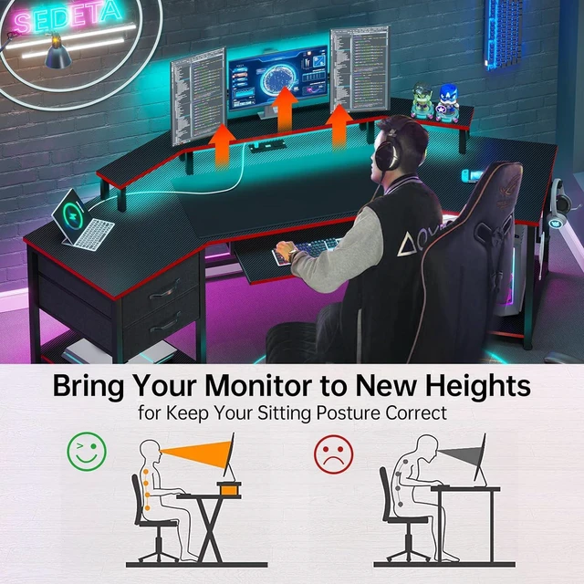 Alt view image 4 of 7 - SEDETA 79" Gaming Desk with Fabric Drawers Storage, LED Light & Power Strip