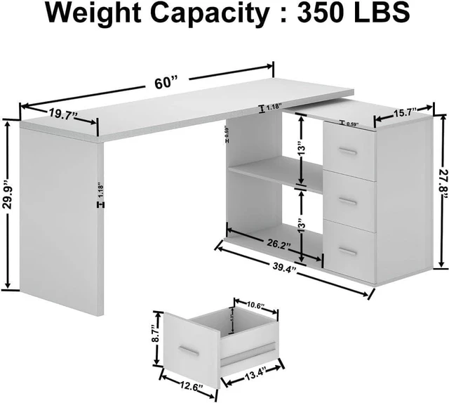 Alt view image 2 of 7 - HSH White L Shaped Computer Corner Desk with 3 Storage Drawers 60 inch