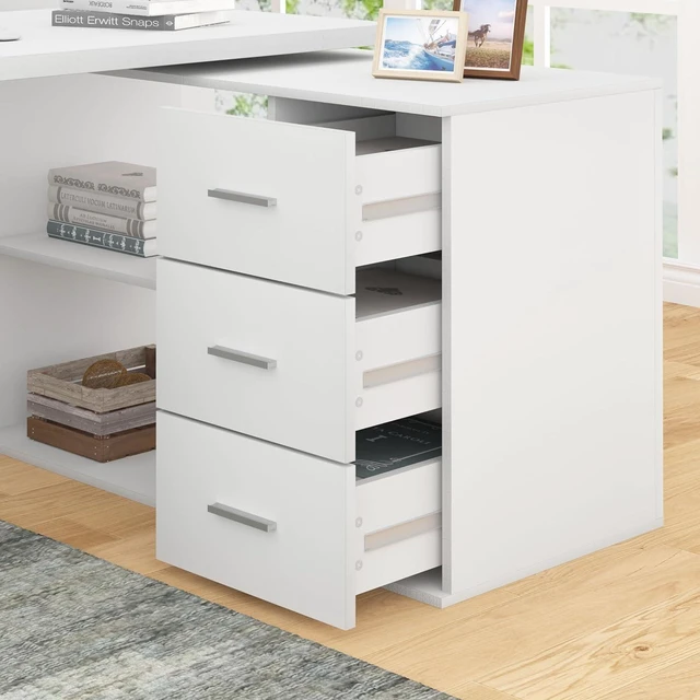 Alt view image 5 of 7 - HSH White L Shaped Computer Corner Desk with 3 Storage Drawers 60 inch