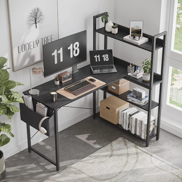 Alt view image 2 of 6 - Treesland 47 Inch Computer Desk with Bookshelf, Corner Desk with Storage, L Shaped Desk, Home Office Desks, Writing Study Desk for Bedroom, Black