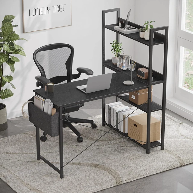 Alt view image 4 of 6 - Treesland 47 Inch Computer Desk with Bookshelf, Corner Desk with Storage, L Shaped Desk, Home Office Desks, Writing Study Desk for Bedroom, Black