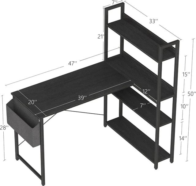 Alt view image 3 of 6 - Treesland 47 Inch Computer Desk with Bookshelf, Corner Desk with Storage, L Shaped Desk, Home Office Desks, Writing Study Desk for Bedroom, Black