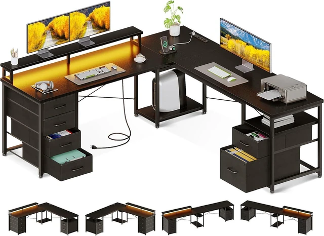 Main image of AODK 66" L Shaped Computer Desk, 113 Reversible Home Office Desk with File Cabinet & 4 Fabric Drawers, Two Person Desk with LED Lights & Power Outlet, Corner Gaming Desk with Monitor Shelf, Black
