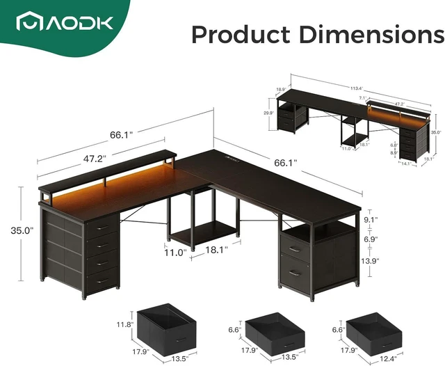 Alt view image 2 of 7 - AODK 66" L Shaped Computer Desk, 113 Reversible Home Office Desk with File Cabinet & 4 Fabric Drawers, Two Person Desk with LED Lights & Power Outlet, Corner Gaming Desk with Monitor Shelf, Black