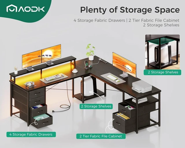 Alt view image 3 of 7 - AODK 66" L Shaped Computer Desk, 113 Reversible Home Office Desk with File Cabinet & 4 Fabric Drawers, Two Person Desk with LED Lights & Power Outlet, Corner Gaming Desk with Monitor Shelf, Black