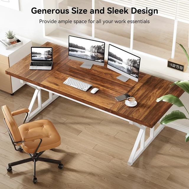 Alt view image 5 of 7 - LITTLE TREE 70.8-Inch Large Executive Desk, Modern Computer Office Desk, Wooden Writing Desk Study Table for Home Office